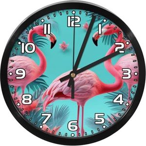 YTYVAGT Wandklok, klokken voor slaapkamer, werkt op batterijen, tropische bladeren achtergrond flamingo, ronde stille klok 9,8 inch