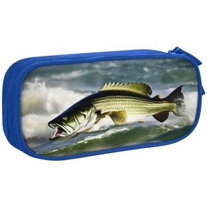 Yyoretp Grote Capaciteit Bass Vissen Wave Print Potlood Case, Dubbellaags Rits Make-up Pouch Potlood Box Organizer., Blauw, Eén maat, Beauty Case