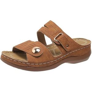 Orthopedische Pantoffels for Dames Retro Sandalen Met Sleehak En Steunzool PU-leer Peep Toe-pantoffels Met Gesp 2024 Nieuwe Platformslippers Vrijetijdsstrandschoenen(Brown,36 EU)