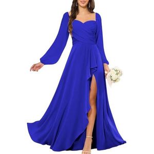 KURFACE Bruidsmeisjesjurken met lange mouwen en split voor dames, geplooid, chiffon, bruidsmeisje, vloerlengte, formele feestjurk, koningsblauw, 32