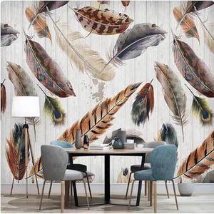 Vintage Houtnerf Kleurrijke Veren 3D Behang Huis Kantoor Home Eetkamer Bank Slaapkamer Woonkamer TV Achtergrond Muur-350cm×256cm