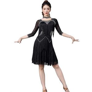 Jurken voor Latijns Amerikaanse dansvoorstellingen Cha Cha Danskleding met 3/4 Mouwen Dames Salsa Ballroom kostuums Tango Danskleding met gelaagde kwastjes Rok voor Rumba,A,3XL