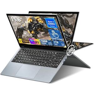 Moacreto 15,6 inch laptop 2-in-1, Ryzen 3 3200U processor, 16 GB RAM, 1 TB SSD, IPS-scherm 1920 x 1080, met RJ45, Type-C, USB 3.0, ultradun en licht