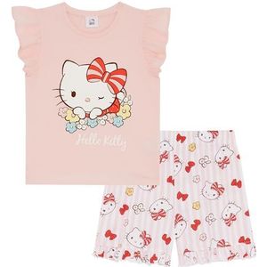 Hello Kitty Korte pyjamaset met ruches en mouwen voor meisjes, 100% Katoen, Roze, 5-6 Jaar