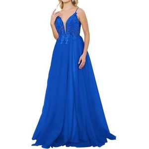 HPPEE Spaghetti Strap V-hals Tule Galajurken met Kant Applique A-lijn Formele Avondjurk, koningsblauw, 32