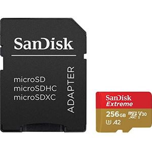 SanDisk Extreme 256 GB microSDXC Memory Card + SD Adapter with A2 App Performance + Rescue Pro Deluxe, Up to 160 MB/s, Class 10, UHS-I, U3, V30, Red/Gold