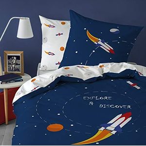 MATT & ROSE Explore Space Kinderbeddengoed 140 x 200 cm, 100% katoen, Oeko-Tex, dekbedovertrek voor eenpersoonsbed, 140 x 200 cm, 1 kussensloop 63 x 63 cm, bedrukt, omkeerbaar, blauw