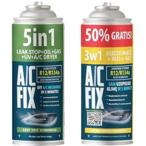 AC FIX 5-in-1 – R134a + 3 in 1 R134a XL 470 g Koelmiddel voor auto-airconditioning met olie, afdichtmiddel, UV-kleurstof, droogmiddel – Snelle toepassing – Beschermt de compressor