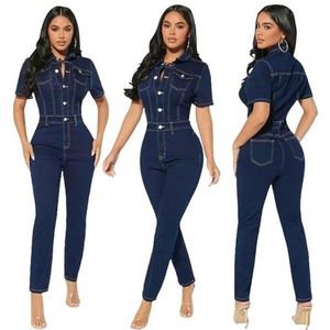 KWTF Sexy rekbare korte mouw bodycon jeans jumpsuit denim playsuit skinny volledige lengte lange jumpsuits voor vrouwen, Donkerblauw, M