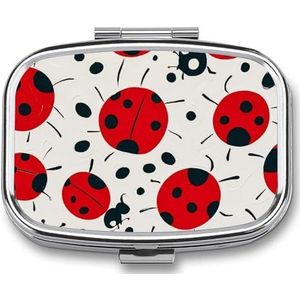 Rood zwart gevlekt lieveheersbeestje pillendoosje reispillenorganizer 2 compartimenten wekelijkse pillendoos met spiegel een dag medicijncontainer medicijnorganizer voor portemonnee, zak of