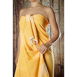 Happy Towels Hamamdoek, badhanddoek, saunahanddoek, extra lang en zacht geweven, 210 cm x 95 cm, 60% bamboeviscose en 40% katoen, fairtrade (geel en wit, 1)