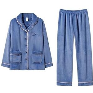 LUBOSE Dames pyjama lange mouw broek set flanel warm vest homewear(L, blauw)