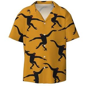 Zwarte Gibbon Monkey Print Heren Korte Mouw Button Down Shirts Casual Losse Fit Zomer Strand Shirts Heren Jurk Shirts, Zwart, XXL