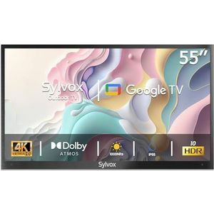 SYLVOX Outdoor tv, 55 inch smart waterdichte outdoor 4K-tv, ondersteuning Google Assistant, schermspiegeling, 1000 nits helderheid, Partial Sun (Deck Pro 2.0)