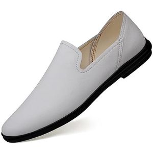 HOOENG Jurk Oxford formele schoenen for heren Instapper Effen kleur Leer Ronde neus Antislip Antislip Antislip Werken (Color : White, Size : 43 EU)