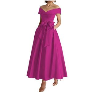 WSEYU Off Shoulder Moeder van De Bruid Bruidegom Jurken Satijn Boog Formele Avond Grootmoeder Jurken Thee Lengte ZM289, Fuchsia, 32