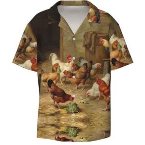 OdDdot Boerderij kippen print herenoverhemden atletisch slim fit korte mouw casual zakelijk overhemd met knopen, Zwart, 4XL