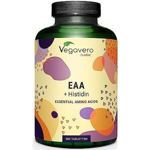 Vegavero EAA-tabletten | 100% NATUURLIJK - niet synthetisch | Alle 8 EAA's inclusief BCAA (2:1:1) + histidine | Veganistisch | 1000 mg aminozuren per tablet | Zonder toevoegingen | 300 tabletten