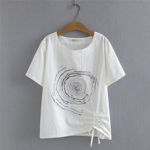 SDFGH T-shirt for dames Gewassen katoen Zomer Casual T-shirts Borduur Trekkoord Korte mouw Tops (Color : White, Size : 2X-Large)