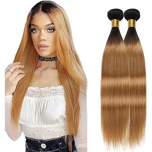 Salharer Straight Human Hair Bundles 2 Extension Machine Double Wefts 100% Unprocessed Brazilian Virgin Remy Weave Grade 8A Ombre Black to Blonde Color for Woman 16 18 Inch