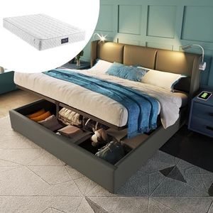 Aunvla Gestoffeerd bed, tweepersoonsbed, opbergruimte, bedlade, leeslamp met USB-oplaadfunctie, hoofdeinde, opbergbedden, bedframe, PU-leer, jeugdbed, 140x200 cm met lattenbodem (met matras)