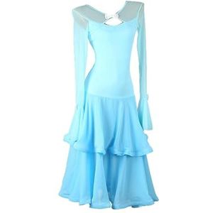 Ballroomdanswedstrijdjurken voor dames Wals Foxtrot kostuum met trompetmouwen Flamencodanskleding Nationale standaardoutfit Grote schommelrok met lotusblad,Blauw,L