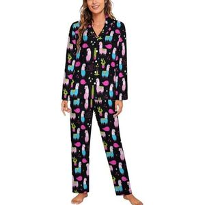 Lama's En Cactus in Potten Pyjama Sets Met Lange Mouwen Voor Vrouwen Klassieke Nachtkleding Nachtkleding Zachte Pjs Lounge Sets