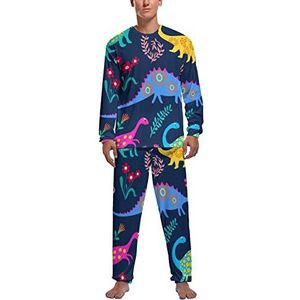 Leuke dinosaurussen Yard Zachte Heren Pyjama Set Comfortabele Lange Mouw Loungewear Top En Broek Geschenken XL