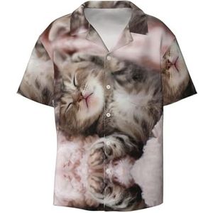OdDdot Slapen kat print heren overhemd atletische slim fit korte mouw casual business button down shirt, Zwart, XXL