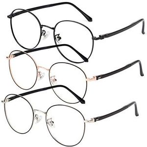 3-pack leesbrillen Anti-blauw licht, ronde slanke metalen full-frame bril, veerscharnierlezer, zwart, zilver, goud, 1.0, 1.5, 2.0, 2.5, 3.0