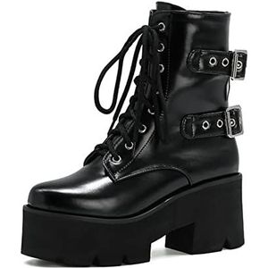 SYDZSW Enkellaarsjes met vetersluiting voor dames, gothic, dikke blokken, hoge hakken, punklaarzen, Mat, 36 EU