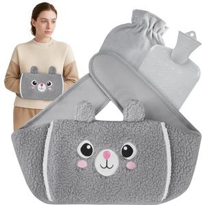 Warmwaterkruikriem, 1 liter, warmwaterkruik met extra lange 120 cm riem, warmwaterkruiken met overtrek en zachte taillehoes, warmwaterkruik voor nek en schouders, rug, benen, tailleverwarming (grijs)