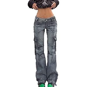 SMIMGO Dames lage taille flare jeans Y2K casual sterren print broek rechte casual baggy broek met zakken streetwear (kleur: T4, maat: S)
