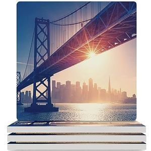 Verlichte San Francisco Skyline Onderzetters voor Dranken Set Absorberende Vierkante Keramische Cup Mat met Kurk Base 4 STKS