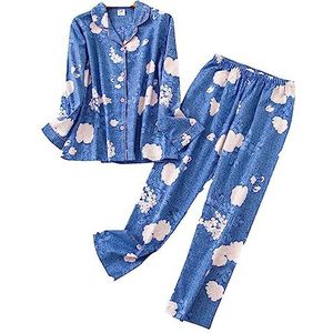 Pyjamaset voor dames, flanel, katoen, comfortabel, lange mouwen, overhemd en broek, Blauw-3, L