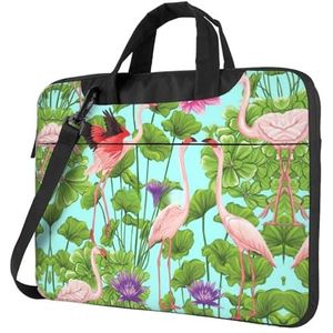 SSIMOO Grijze Gestreepte Stijlvolle En Lichtgewicht Laptop Messenger Bag, Handtas, Aktetas, Perfect Voor Zakenreizen, Flamingo Liefde Bloemen, 14 inch
