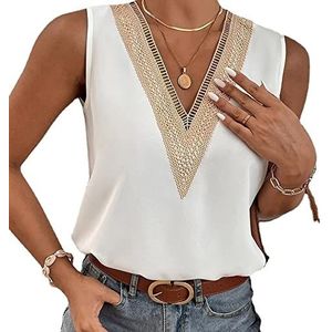 Dames V-hals Vest Tops Kant Tank Tops Mouwloos Zomer Tops Casual Losse Camisole Tops Blouses Cami Shirt voor Dames Wit Zwart, Wit, XXL