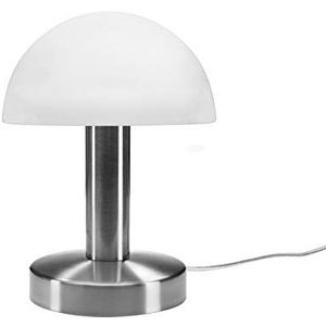 Tafellamp met opaal witte glazen kap & voet in mat nikkel – 3 standen dimbaar via aanraking – nieuwe touch-generatie geschikt voor led