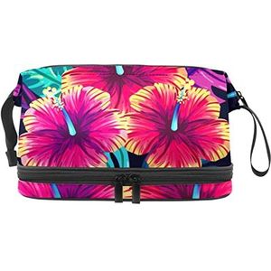 Grote capaciteit reizen cosmetische tas,Tropische paarse bloemen bloem,Make-up tas,Waterdichte make-up tas organisator, Meerkleurig, 27x15x14 cm/10.6x5.9x5.5 in