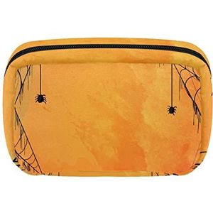 Reis Gepersonaliseerde Make-up Bag Cosmetische Tas Toiletry tas voor vrouwen en meisjes Oranje Spinnenweb-01, Meerkleurig, 17.5x7x10.5cm/6.9x4.1x2.8in