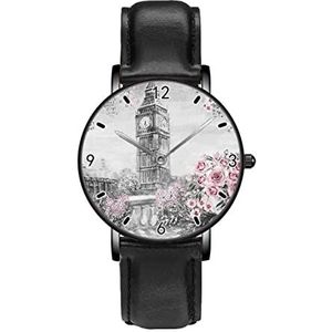 Mooie Grote Ben Roze Rose Art Schilderen Klassieke Patroon Horloges Persoonlijkheid Business Casual Horloges Mannen Vrouwen Quartz Analoge Horloges, Zwart