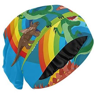 PUXUQU Slaapmuts schattig dier dinosaurus regenboog bonnet slaapmuts nachtmuts hoofddeksel slapen haar slaap hoed haaruitval cap voor dames meisjes vrouwen