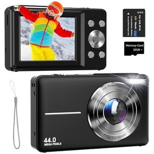 Digitale camera 44MP 1080P FHD compacte digitale camera met 16x digitale zoom 2,4 inch compacte fotocamera met 32 GB kaart, een batterij voor tieners, kinderen en beginners, zwart