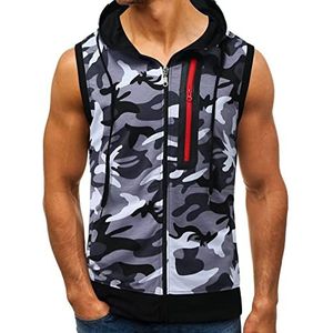 Camouflagevest voor heren, met capuchon, tanktop, ritssluiting, gebreid vest, cardigan voor lente, zomer, overgang, outdoor, sport, trainingsshirt, onderhemd met ritssluiting, grijs, L