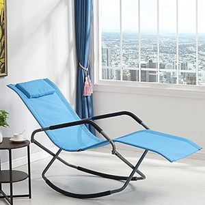 GEIRONV Outdoor Rocking Lounge stoel, tuin gazon veranda opklapbare schommelende chaise met hoofdsteun kussenpoeder gecoate orbitale recliner Fauteuils (Color : Blue)