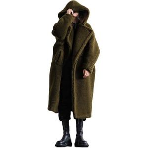 Sawmew Pluche Jas Dames Lange Teddy Jas Met Capuchon, Winterwarme Capuchon, Uitloper Winterjas Met Lange Mouwen, Pluche Jas Met Zakken, Oversized (Color : Army green, Size : XXL)