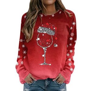 beetleNew Kerst Sweatshirts Voor Vrouwen UK Uitverkoop Uitverkoop Casual Fancywine Bril Print Tops Blouse Pullover Dames Mode Xmas Sweatershirt Zwart van Vrijdag Deals 2023, Rood, XXL