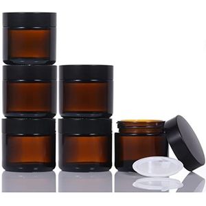 6 stuks bruine glazen lege blikjes, 60 ml cosmeticapotjes, zalfpotjes, navulbare reistpotten, kleine glazen, monsterpotten met zwarte deksels voor cosmetica, lotion, crèmes, mini-kaarsen