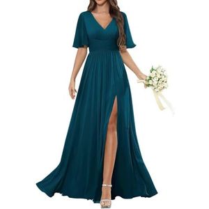 HPPEE Damesjurk met korte mouwen en V-hals, chiffon, bruidsmeisjesjurk met split en plooien, lange formele avondjurk, Turkoois, 32