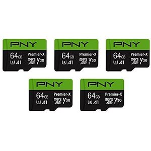 PNY 64 GB Premier-X Class 10 U3 V30 microSDXC flashgeheugenkaart 5-pack - 100 MB/s, klasse 10, U3, V30, A1, 4K UHD, Full HD, UHS-I, Micro SD